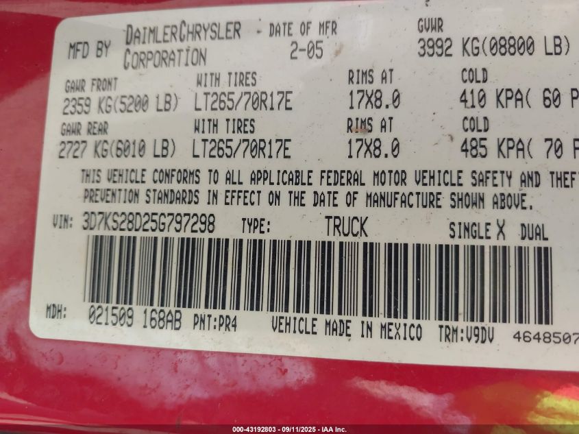2005 Dodge Ram 2500 Slt/Laramie VIN: 3D7KS28D25G797298 Lot: 43192803