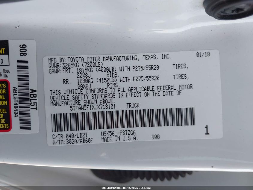 2018 Toyota Tundra 1794 5.7L V8 VIN: 5TFAW5F1XJX718101 Lot: 43192806