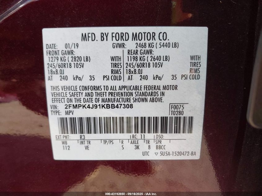 2019 Ford Edge Sel VIN: 2FMPK4J91KBB47308 Lot: 43192850