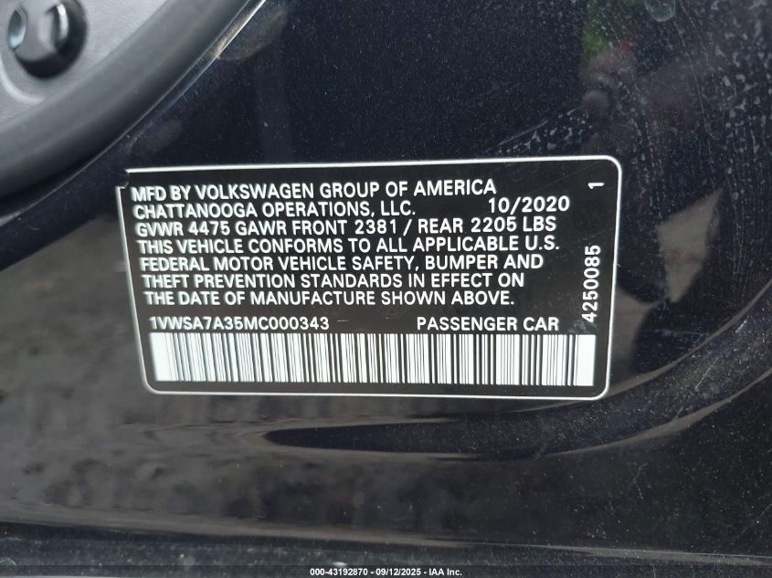 2021 Volkswagen Passat 2.0T Se VIN: 1VWSA7A35MC000343 Lot: 43192870