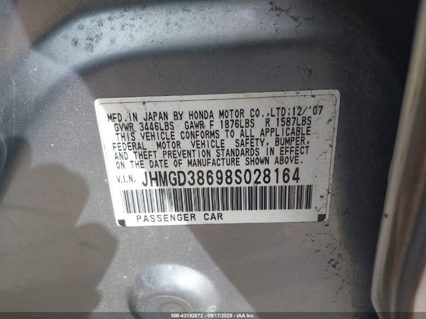 2008 Honda Fit Sport VIN: JHMGD38698S028164 Lot: 43192872