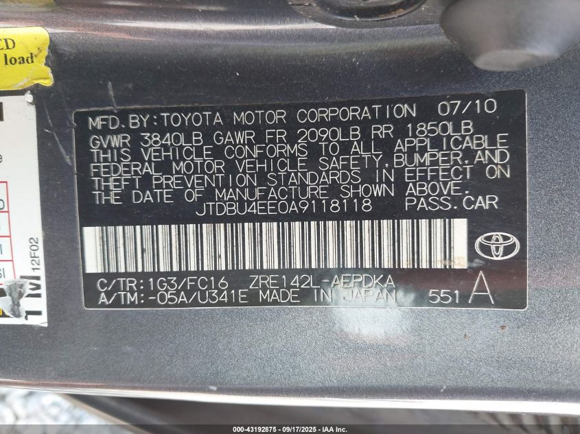 2010 Toyota Corolla Le VIN: JTDBU4EE0A9118118 Lot: 43192875