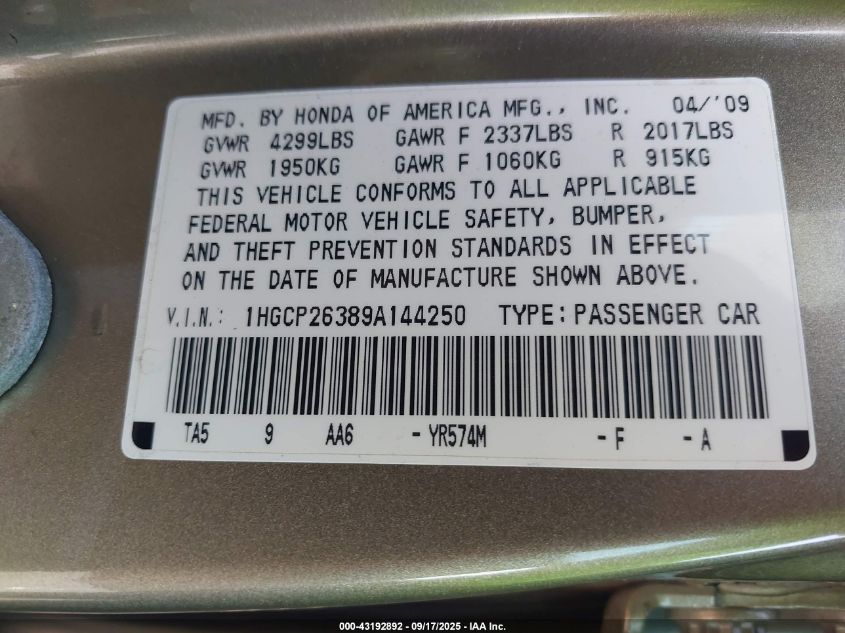 2009 Honda Accord 2.4 Lx VIN: 1HGCP26389A144250 Lot: 43192892