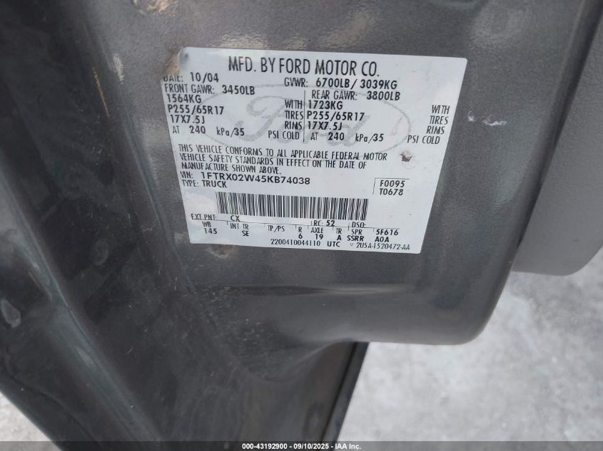 2005 Ford F-150 Stx/Xlt VIN: 1FTRX02W45KB74038 Lot: 43192900