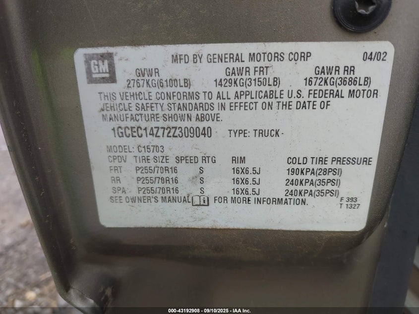 2002 Chevrolet Silverado 1500 VIN: 1GCEC14Z72Z309040 Lot: 43192908