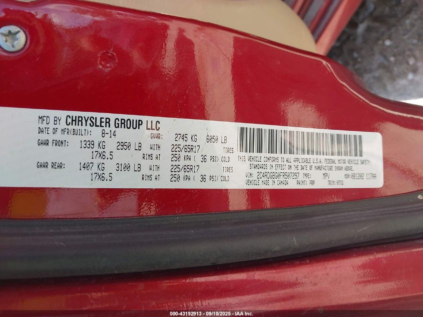 2015 Dodge Grand Caravan Se VIN: 2C4RDGBG0FR507297 Lot: 43192913