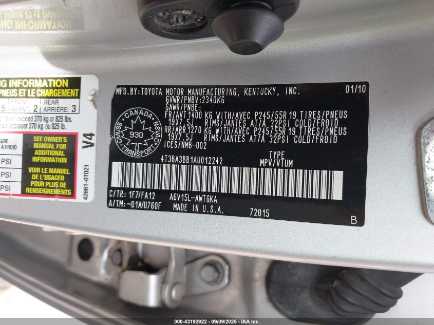 2010 Toyota Venza VIN: 4T3BA3BB1AU012242 Lot: 43192922