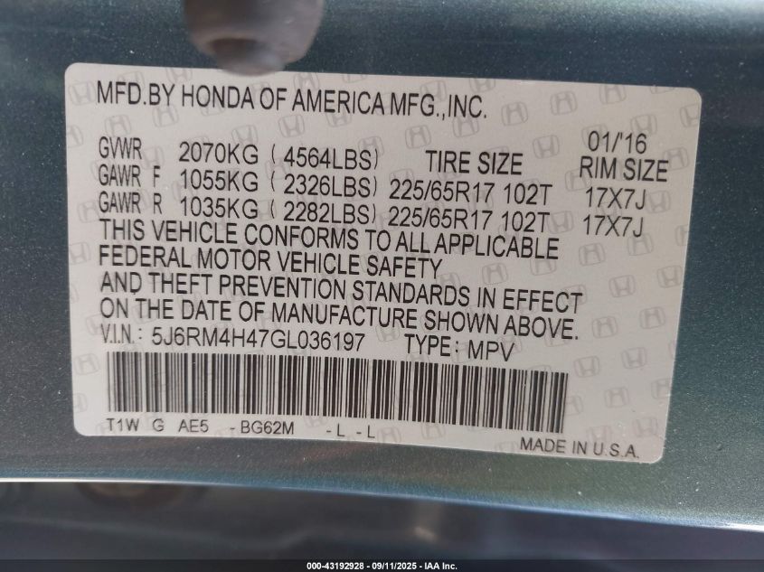 2016 Honda Cr-V Se VIN: 5J6RM4H47GL036197 Lot: 43192928