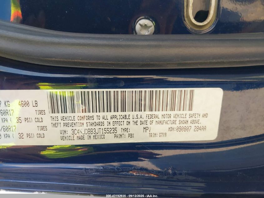 2018 Jeep Compass Latitude 4X4 VIN: 3C4NJDBB3JT155235 Lot: 43192935