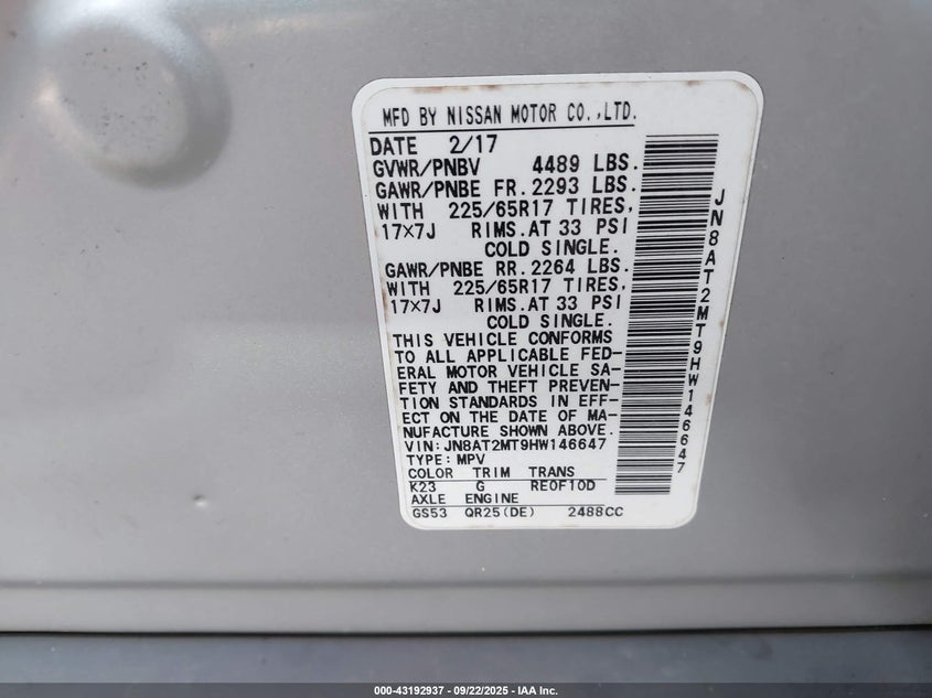 2017 NISSAN ROGUE SV - JN8AT2MT9HW146647