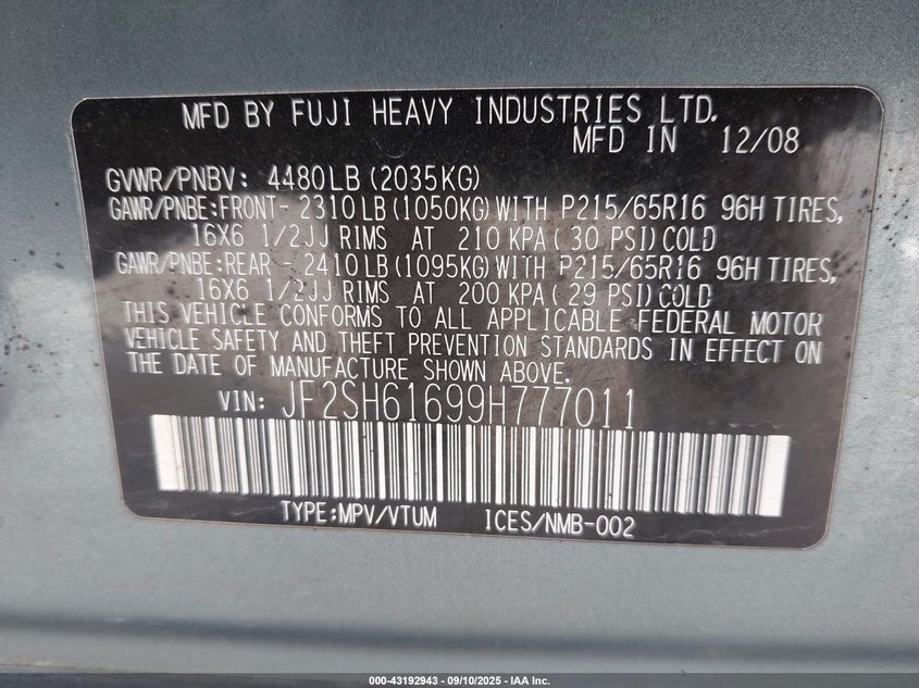 2009 Subaru Forester 2.5X VIN: JF2SH61699H777011 Lot: 43192943