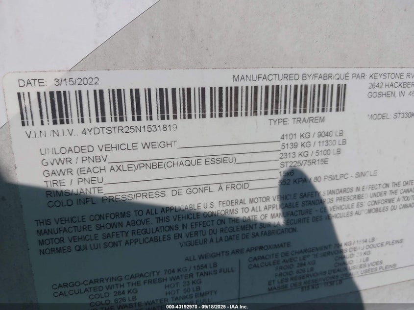 VIN 4YDTSTR25N1531819 2022 SPRINTER TRAVEL TRLR