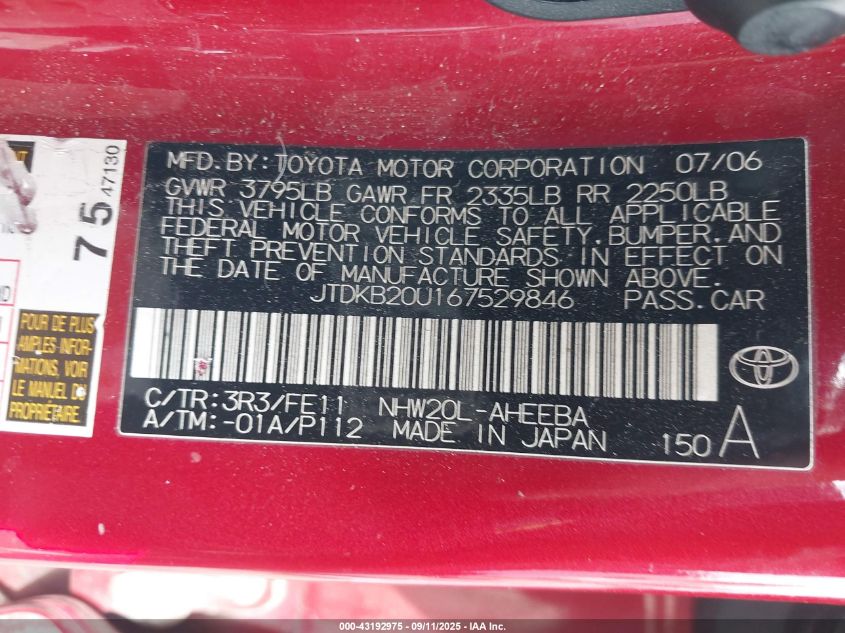 2006 Toyota Prius VIN: JTDK820U167529846 Lot: 43192975