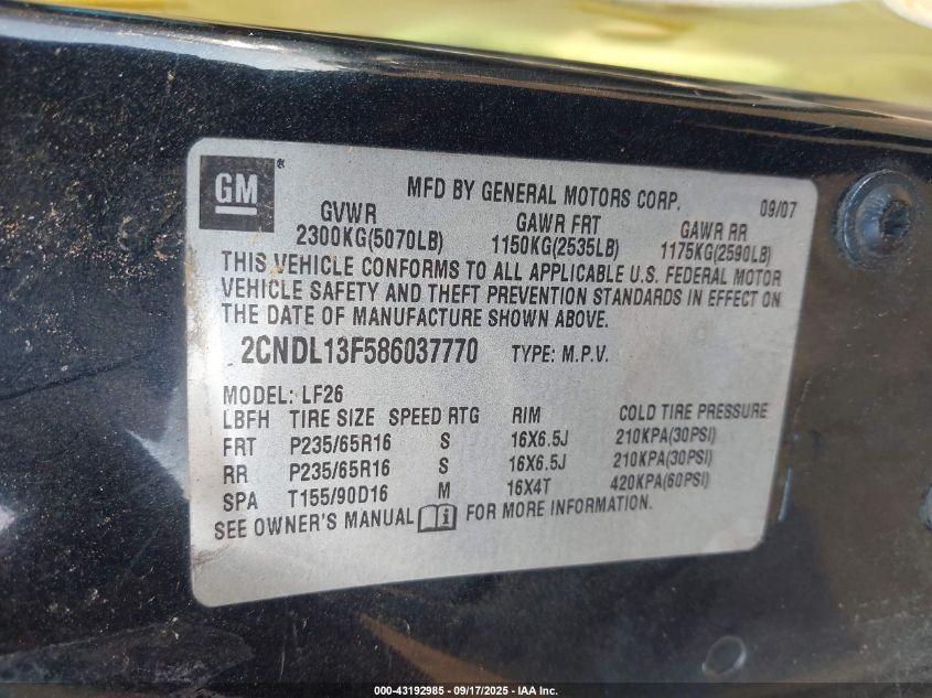 2008 Chevrolet Equinox Ls VIN: 2CNDL13F586037770 Lot: 43192985