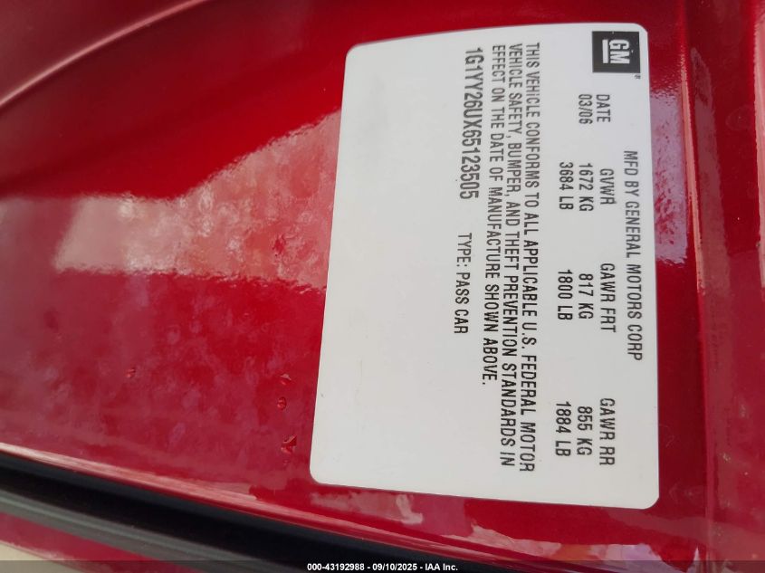 2006 Chevrolet Corvette VIN: 1G1YY26UX65123505 Lot: 43192988