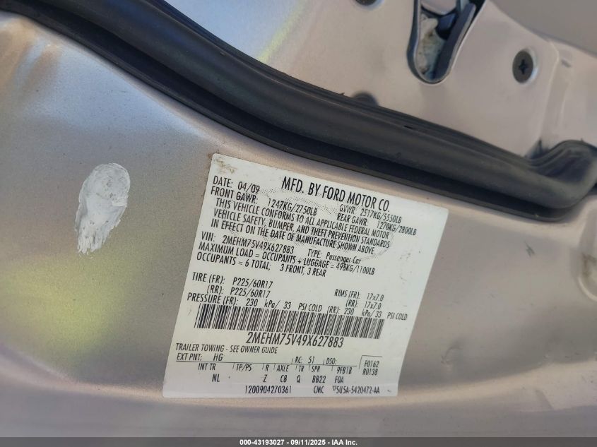 2009 Mercury Grand Marquis Ls (Fleet Only) VIN: 2MEHM75V49X627883 Lot: 43193027
