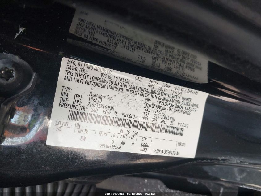 2013 Ford Focus Se VIN: 1FADP3K28DL155029 Lot: 43193065