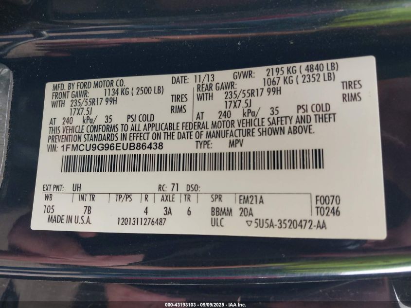 2014 Ford Escape Se VIN: 1FMCU9G96EUB86438 Lot: 43193103