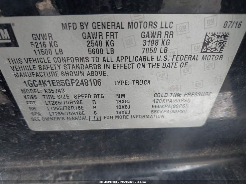 2016 Chevrolet Silverado 3500Hd High Country VIN: 1GC4K1E85GF248106 Lot: 43193104