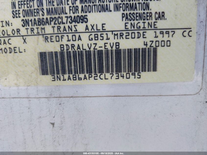 2012 Nissan Sentra 2.0 Sl VIN: 3N1AB6AP2CL734095 Lot: 43193105