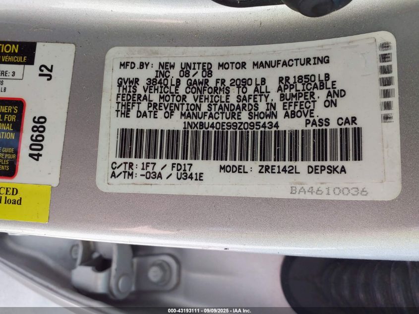 2009 Toyota Corolla S VIN: 1NXBU40E99Z095434 Lot: 43193111