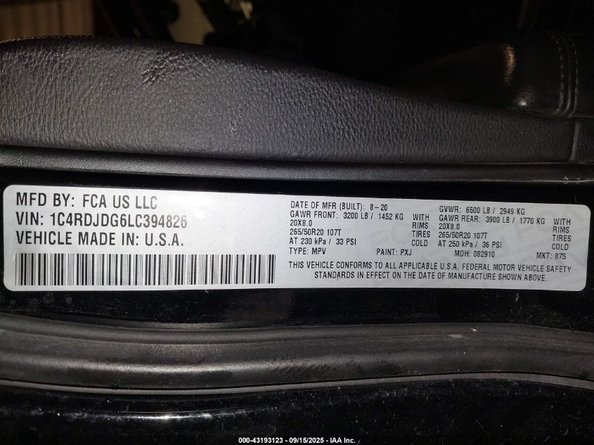 2020 Dodge Durango Gt Plus Awd VIN: 1C4RDJDG6LC394826 Lot: 43193123