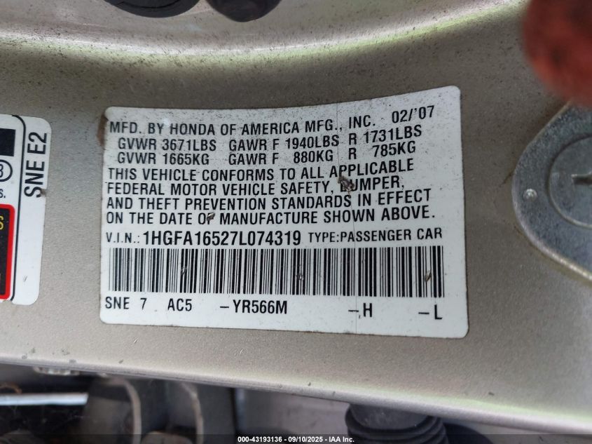 2007 Honda Civic Lx VIN: 1HGFA16527L074319 Lot: 43193136