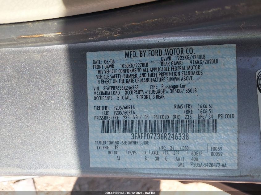 2006 Ford Fusion Se VIN: 3FAFP07Z36R246338 Lot: 43193148