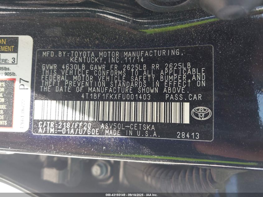 2015 Toyota Camry Se VIN: 4T1BF1FKXFU001403 Lot: 43193149