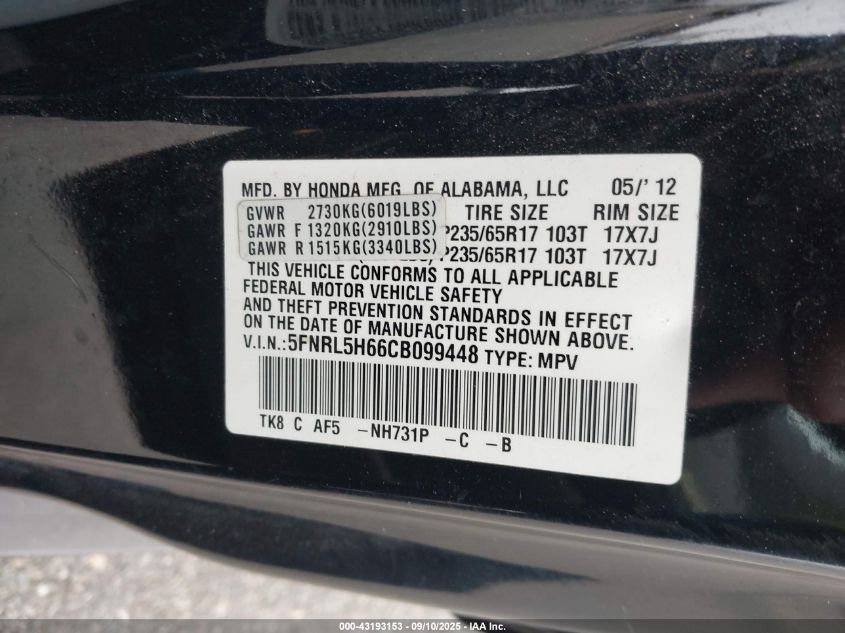 2012 Honda Odyssey Ex-L VIN: 5FNRL5H66CB099448 Lot: 43193153