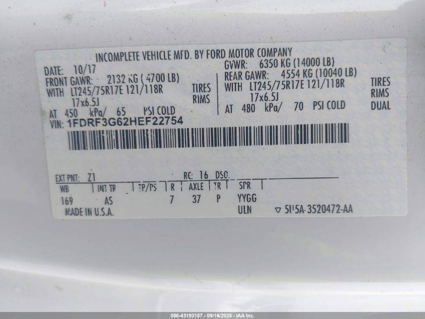 2017 Ford F-350 Chassis Xl VIN: 1FDRF3G62HEF22754 Lot: 43193157