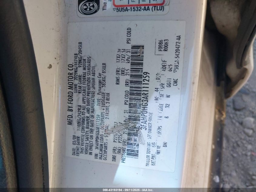 2010 Ford Fusion Se VIN: 3FAHP0HG3AR111259 Lot: 43193194