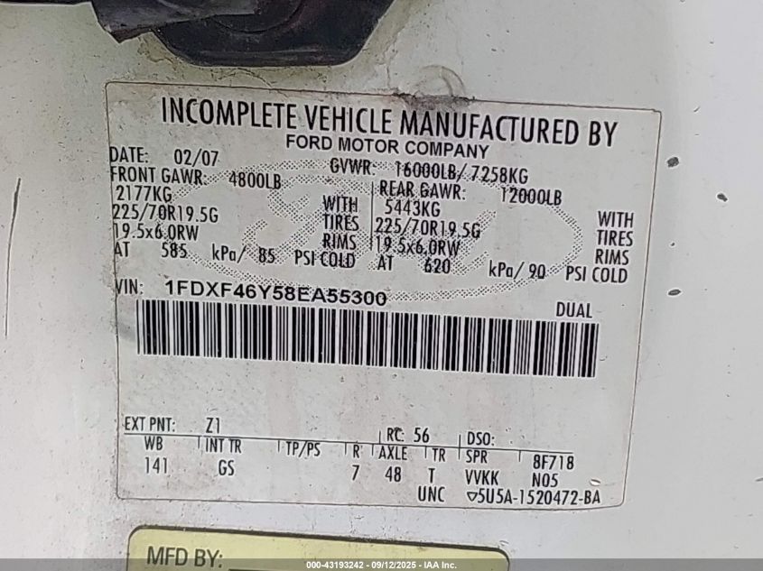 2008 Ford F-450 Chassis Xl/Xlt VIN: 1FDXF46Y58EA55300 Lot: 43193242