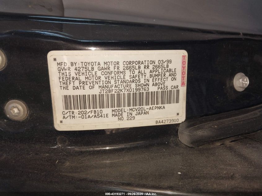 1999 Toyota Camry Le V6 VIN: JT2BF22K7X0199763 Lot: 43193271