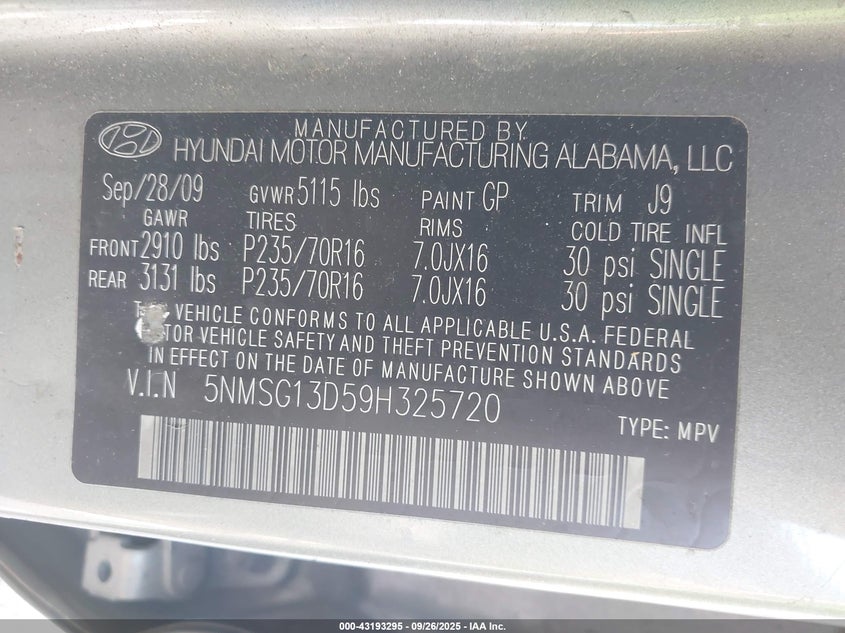 2009 Hyundai Santa Fe Gls VIN: 5NMSG13D59H325720 Lot: 43193295