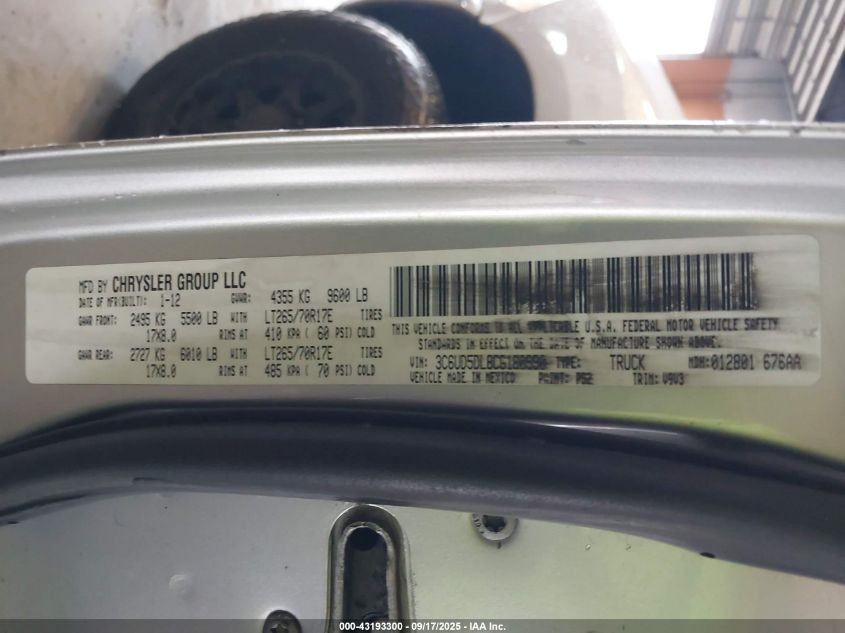 2012 Ram 2500 Slt VIN: 3C6UD5DL8CG180990 Lot: 43193300