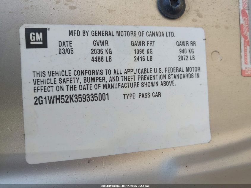 2005 Chevrolet Impala Ls VIN: 2G1WH52K359335001 Lot: 43193304