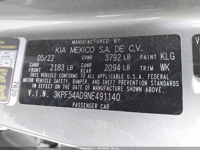 2022 Kia Forte Gt-Line VIN: 3KPF54AD9NE491140 Lot: 43193313