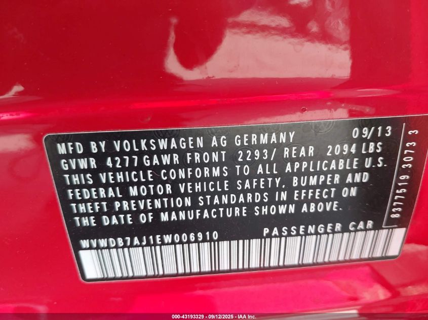 2014 Volkswagen Golf 2.5L VIN: WVWDB7AJ1EW006910 Lot: 43193329