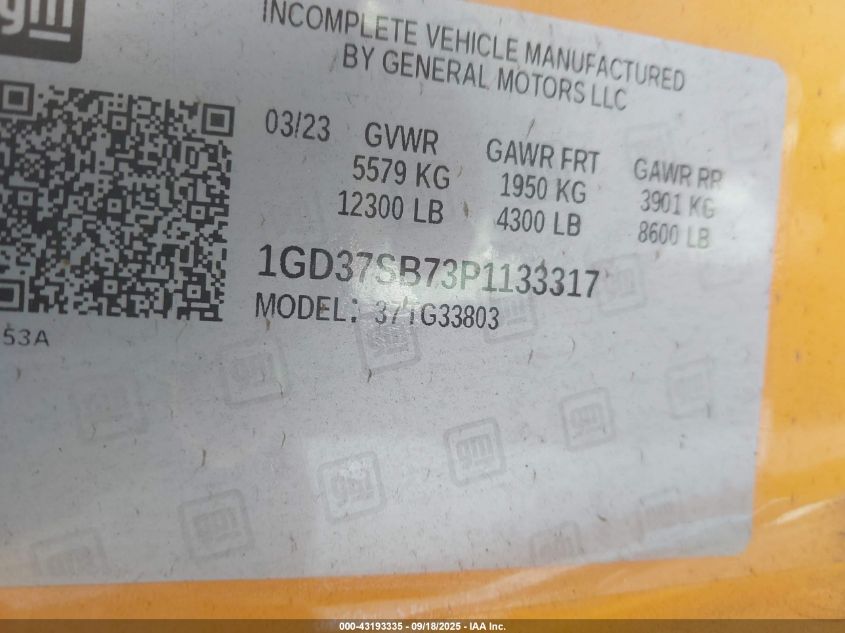 2023 GMC Savana Cutaway Work Van VIN: 1GD37SB73P1133317 Lot: 43193335