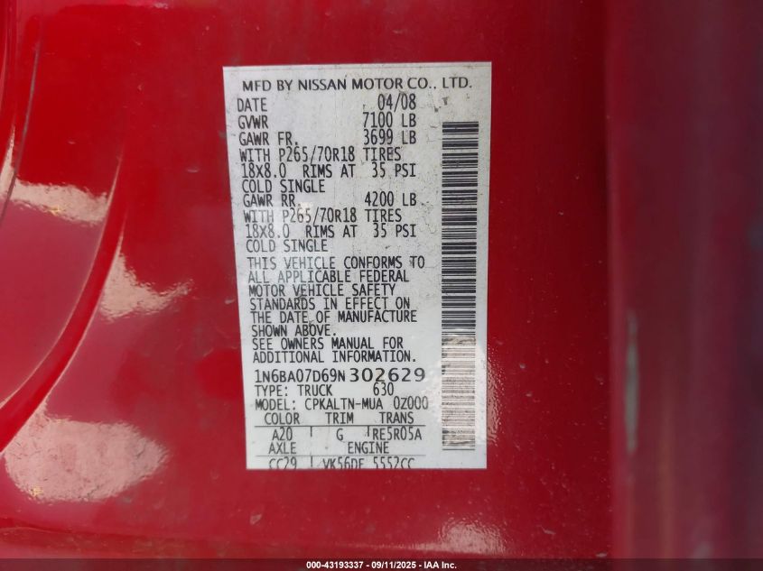2009 Nissan Titan Se VIN: 1N6BA07D69N302629 Lot: 43193337