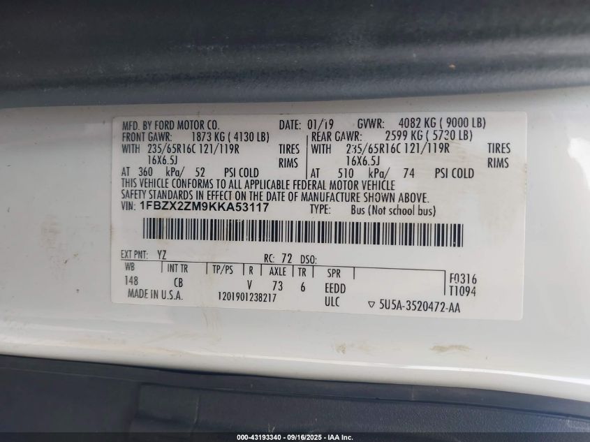 2019 Ford Transit-350 Xlt VIN: 1FBZX2ZM9KKA53117 Lot: 43193340