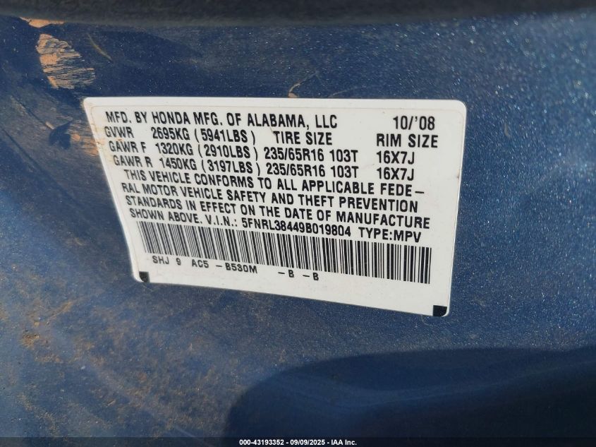 2009 Honda Odyssey Ex VIN: 5FNRL38449B019804 Lot: 43193352