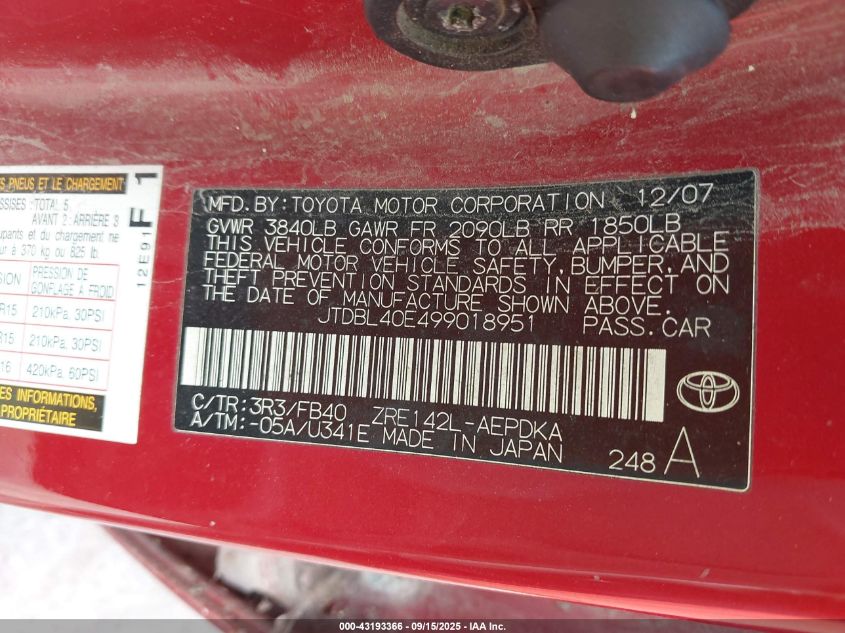 2009 Toyota Corolla VIN: JTDBL40E499018951 Lot: 43193366