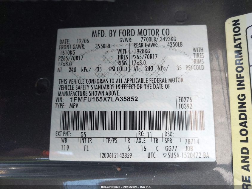 2007 Ford Expedition Xlt VIN: 1FMFU165X7LA35852 Lot: 43193378