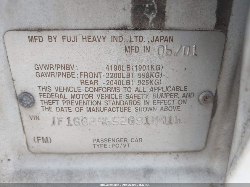 2002 Subaru Impreza Wrx VIN: JF1GG29652G810916 Lot: 43193393