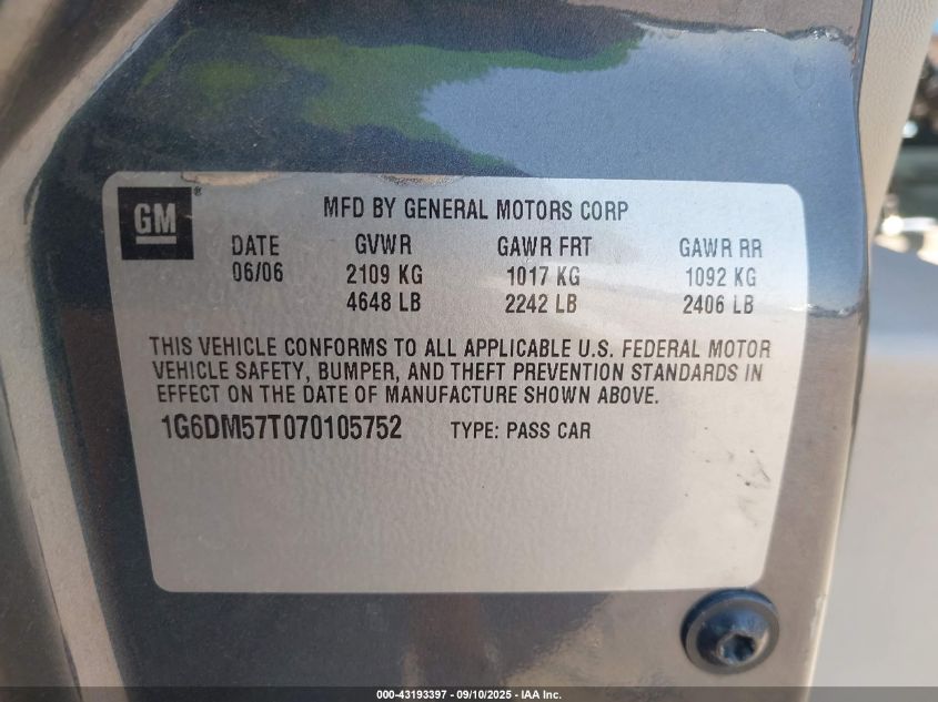 2007 Cadillac Cts Standard VIN: 1G6DM57T070105752 Lot: 43193397