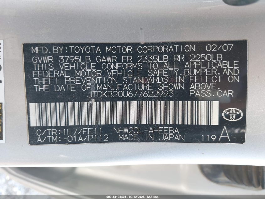 2007 Toyota Prius VIN: JTDKB20U677622993 Lot: 43193404