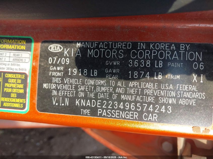 2009 Kia Rio Lx VIN: KNADE223496574243 Lot: 43193411