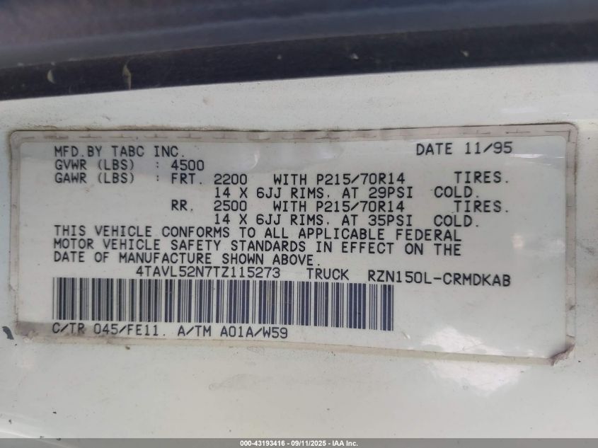 1996 Toyota Tacoma Xtracab VIN: 4TAVL52N7TZ115273 Lot: 43193416
